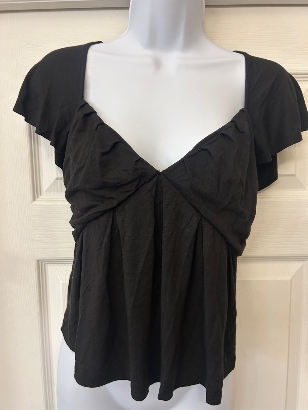 Frame Denim Black V-Neck Flutter Sleeve Blouse